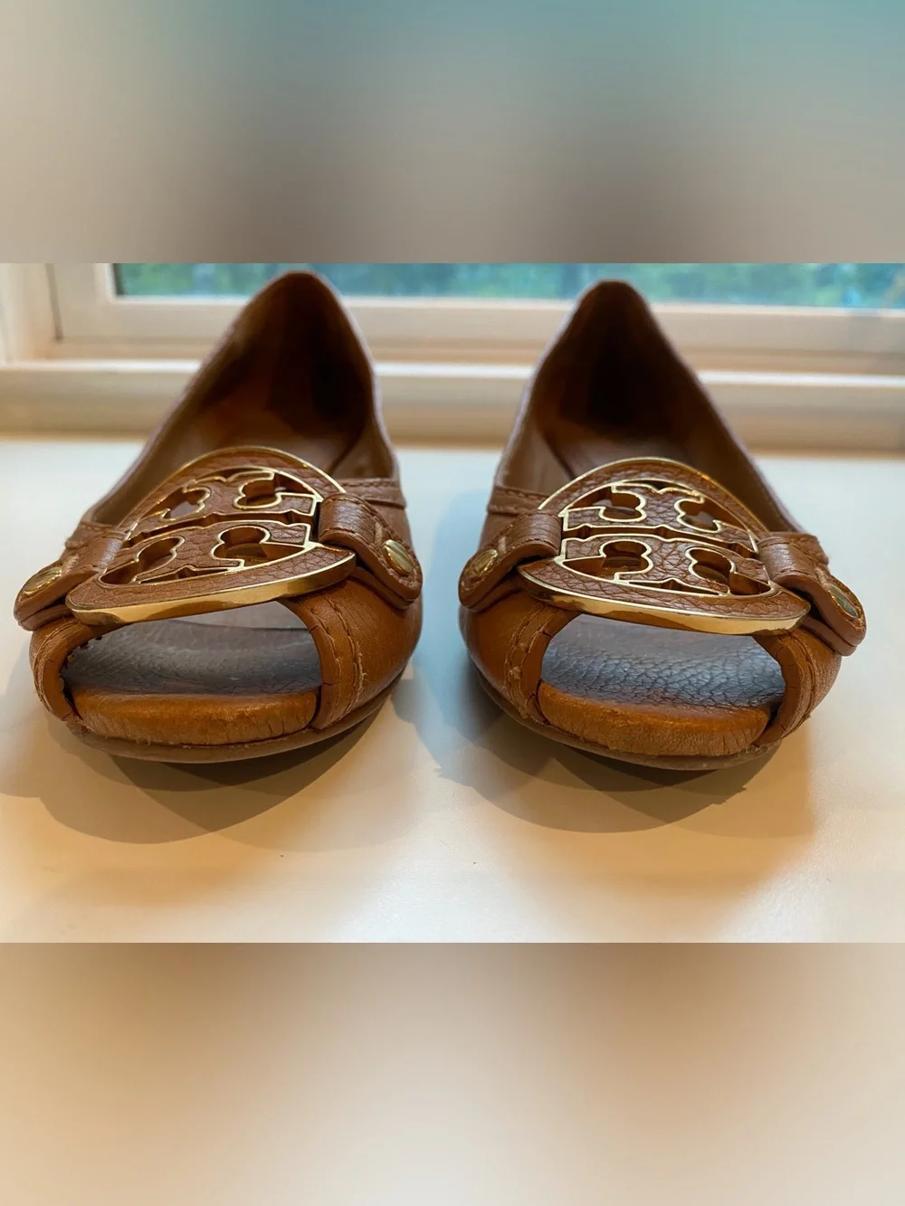 Tory Burch Brown Leather Peep-Toe low wedge with gold logo